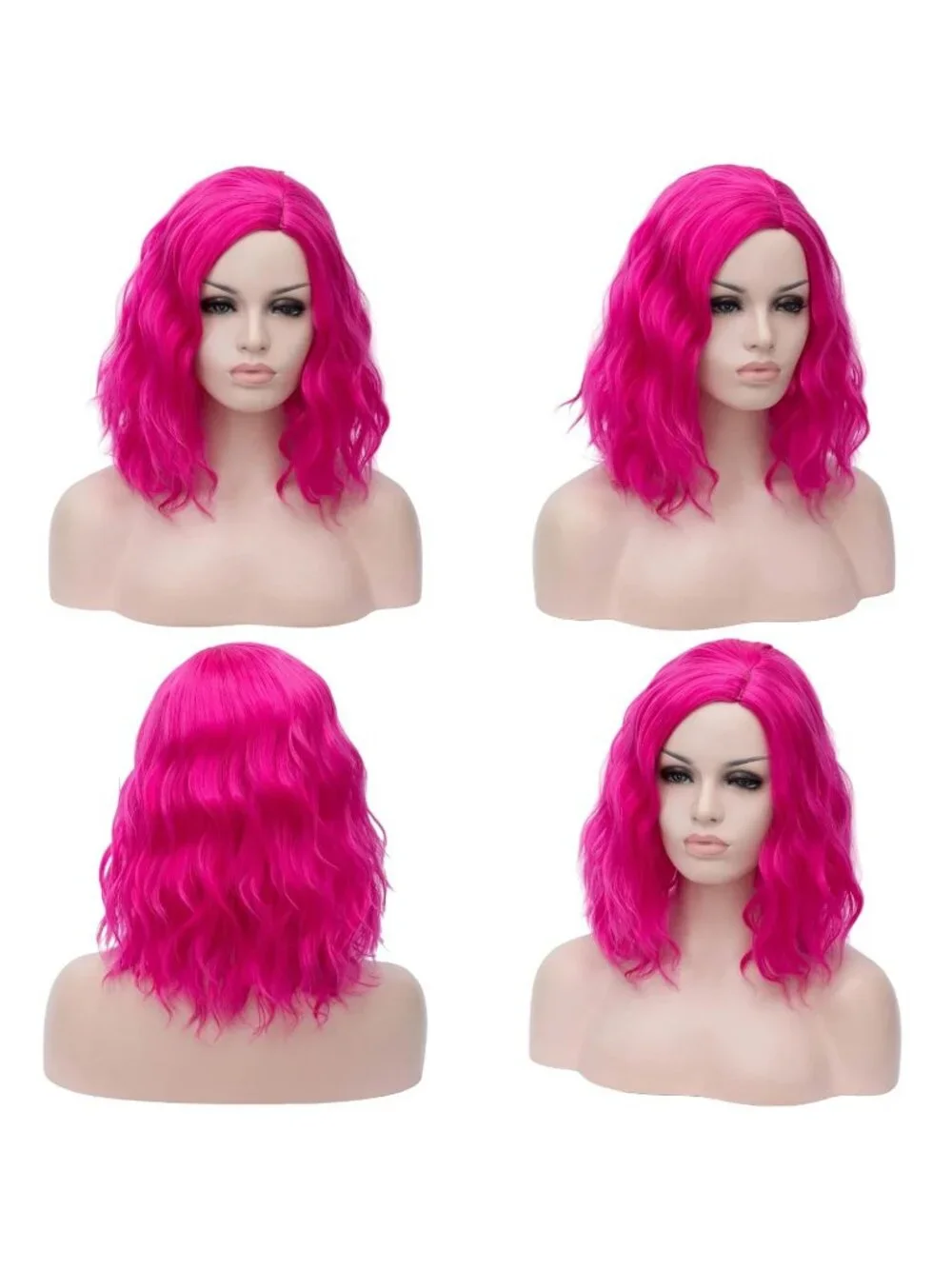 Women's Dark Pink Wavy Curly Bob Wig Heat Resistant Cosplay Halloween Party